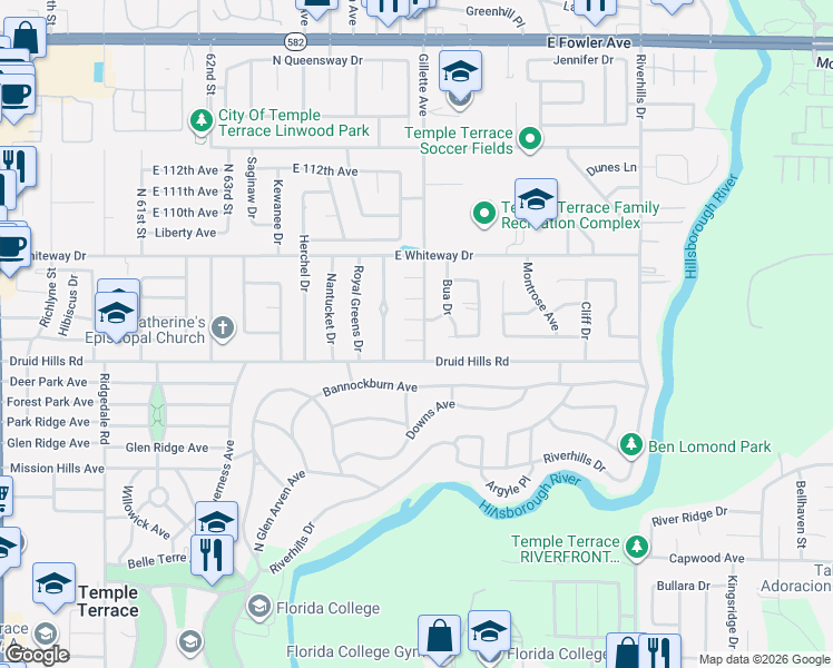 map of restaurants, bars, coffee shops, grocery stores, and more near 630 Holland Avenue in Temple Terrace
