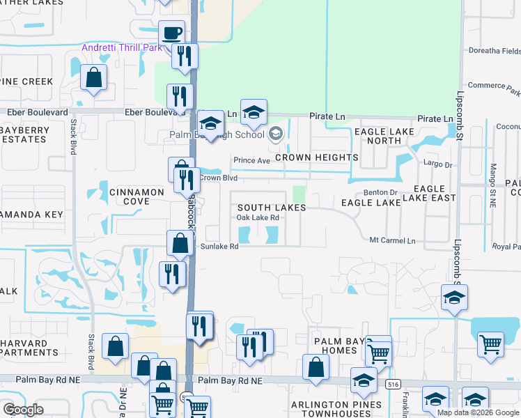 map of restaurants, bars, coffee shops, grocery stores, and more near 200 Oak Lake Road in Melbourne