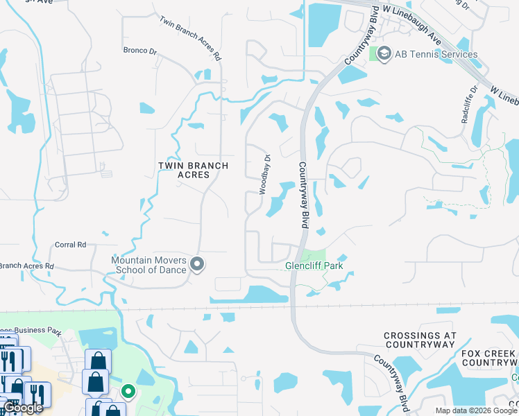 map of restaurants, bars, coffee shops, grocery stores, and more near Woodbay Drive in Westchase