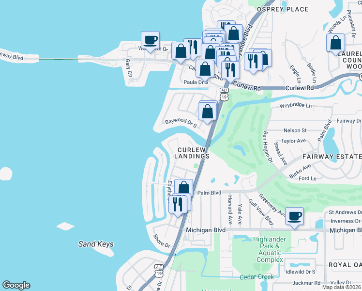 map of restaurants, bars, coffee shops, grocery stores, and more near 2287 Carolyn Drive in Dunedin