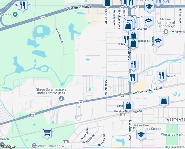 map of restaurants, bars, coffee shops, grocery stores, and more near 2524 Chestnut Woods Drive in Lakeland