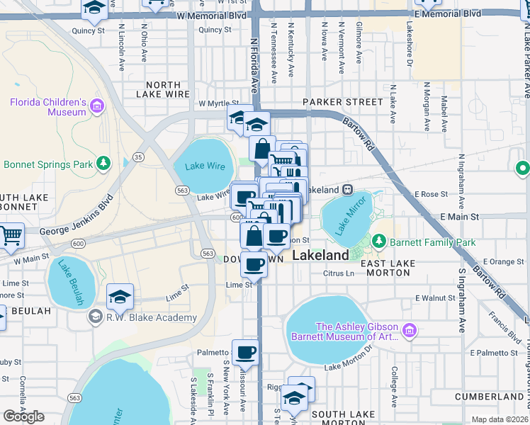 map of restaurants, bars, coffee shops, grocery stores, and more near 105 Florida Avenue South in Lakeland