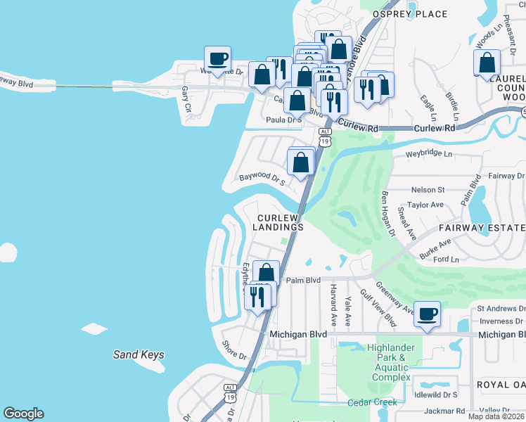 map of restaurants, bars, coffee shops, grocery stores, and more near 2287 Carolyn Drive in Dunedin