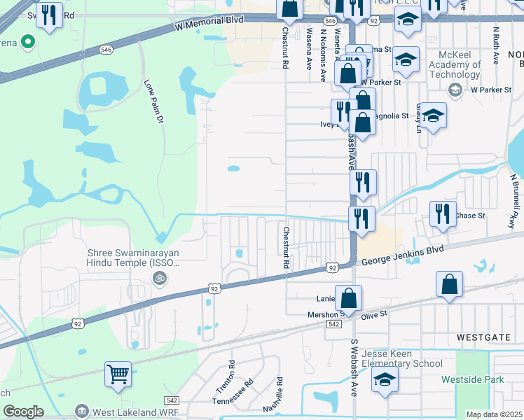 map of restaurants, bars, coffee shops, grocery stores, and more near 2470 Chestnut Woods Drive in Lakeland