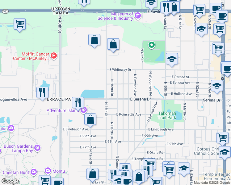 map of restaurants, bars, coffee shops, grocery stores, and more near 10406 North Connechusett Road in Tampa