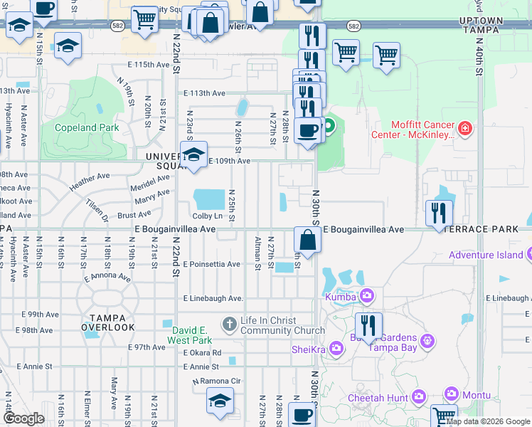 map of restaurants, bars, coffee shops, grocery stores, and more near 10403 Altman Street in Tampa