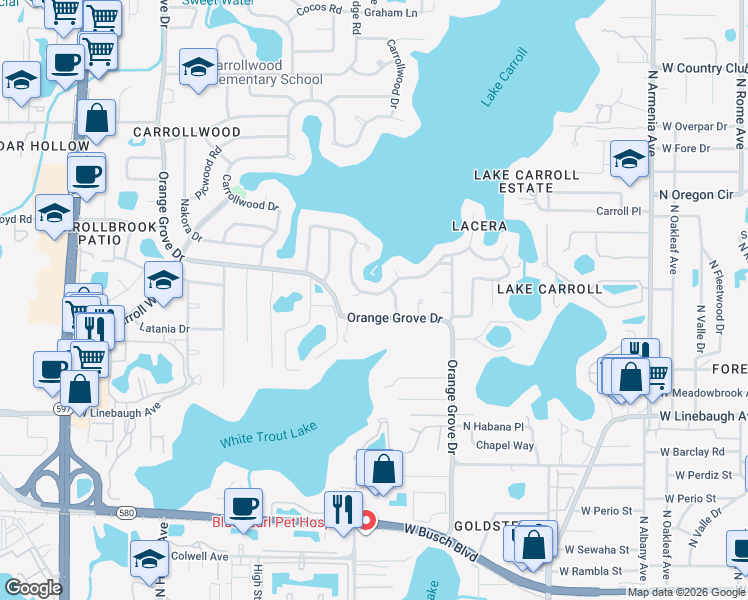 map of restaurants, bars, coffee shops, grocery stores, and more near 10502 Sago Road in Greater Carrollwood