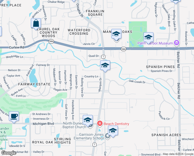 map of restaurants, bars, coffee shops, grocery stores, and more near 1670 Honeybear Lane in Dunedin