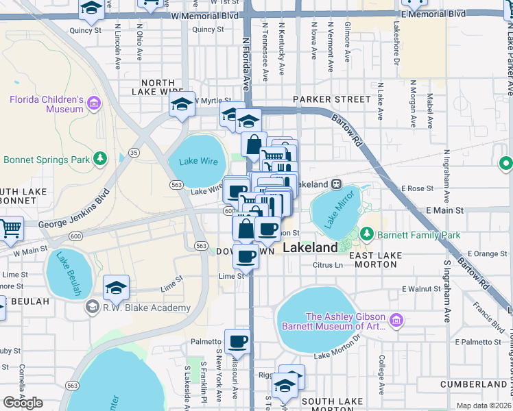map of restaurants, bars, coffee shops, grocery stores, and more near 105 Florida Avenue South in Lakeland