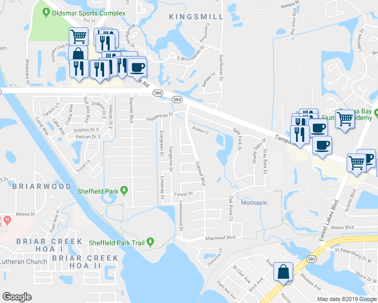 map of restaurants, bars, coffee shops, grocery stores, and more near 1802 Chinaberry Drive in Oldsmar