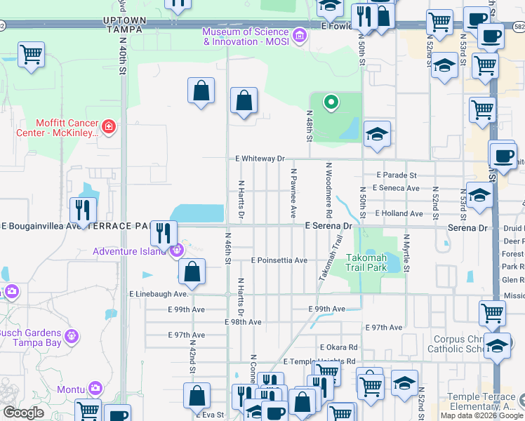 map of restaurants, bars, coffee shops, grocery stores, and more near 10406 North Connechusett Road in Tampa