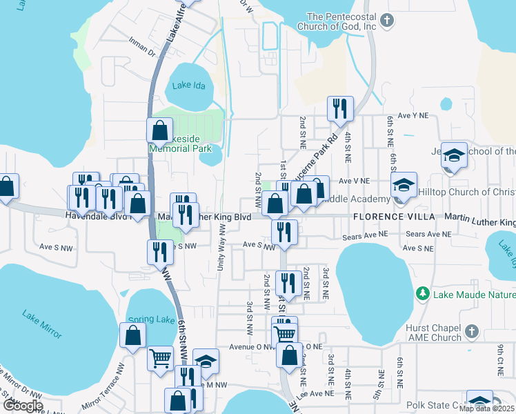 map of restaurants, bars, coffee shops, grocery stores, and more near 2049 2nd Street Northwest in Winter Haven