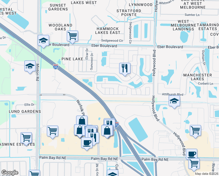 map of restaurants, bars, coffee shops, grocery stores, and more near 4000 Timber Run Court in Melbourne