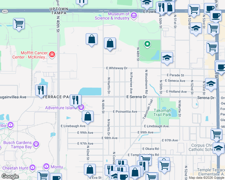 map of restaurants, bars, coffee shops, grocery stores, and more near 10406 North Connechusett Road in Tampa