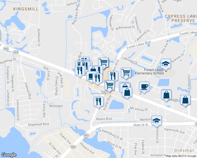 map of restaurants, bars, coffee shops, grocery stores, and more near 3705 Tampa Road in Oldsmar