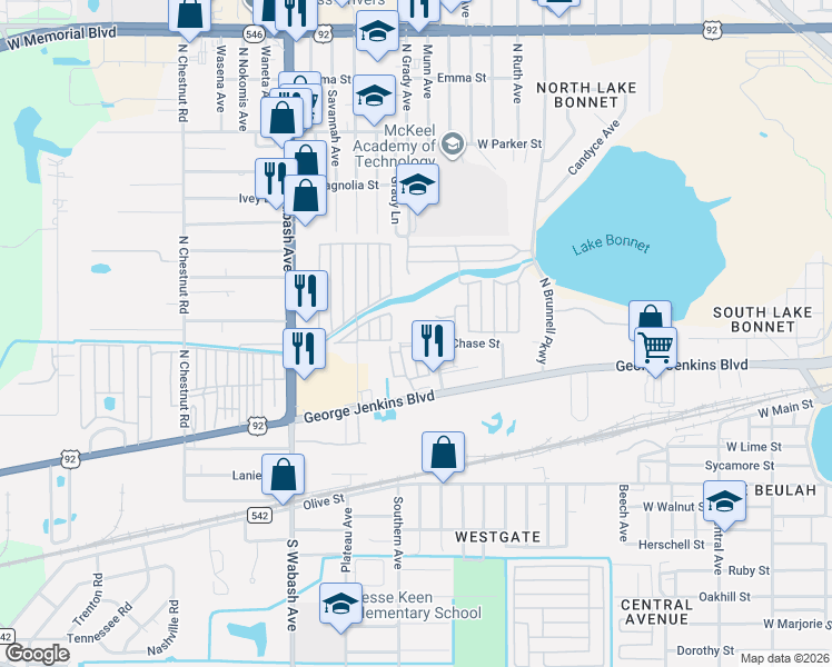 map of restaurants, bars, coffee shops, grocery stores, and more near 184 Alexis Avenue in Lakeland