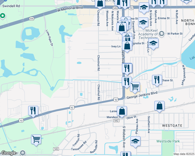 map of restaurants, bars, coffee shops, grocery stores, and more near 252 North Chestnut Road in Lakeland