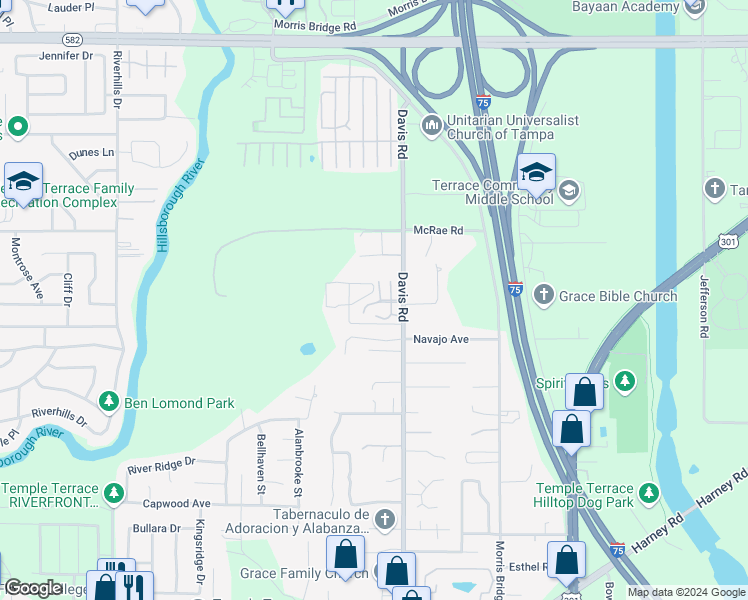 map of restaurants, bars, coffee shops, grocery stores, and more near 10400 Davis Road in Tampa