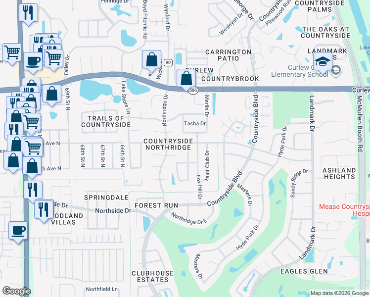 map of restaurants, bars, coffee shops, grocery stores, and more near 2724 Redford Court East in Clearwater