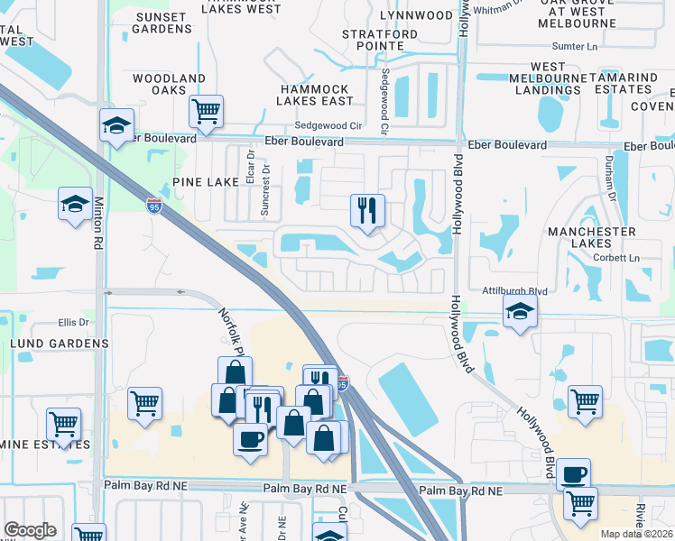 map of restaurants, bars, coffee shops, grocery stores, and more near 2261 Parkland Drive in Melbourne