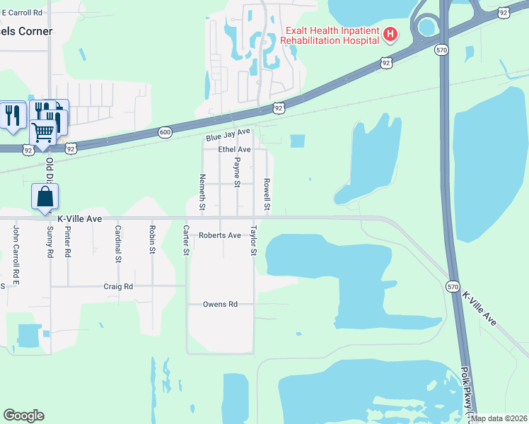 map of restaurants, bars, coffee shops, grocery stores, and more near 1346 Rowell Street in Auburndale