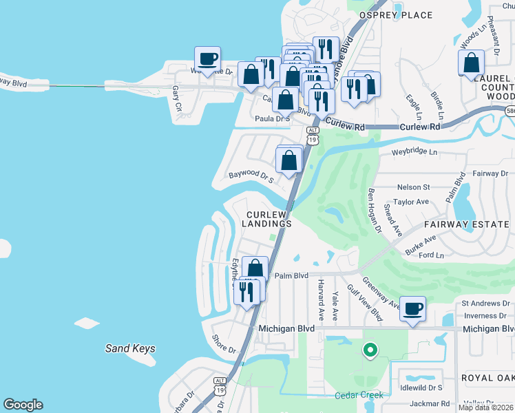 map of restaurants, bars, coffee shops, grocery stores, and more near 598 Walden Court in Dunedin