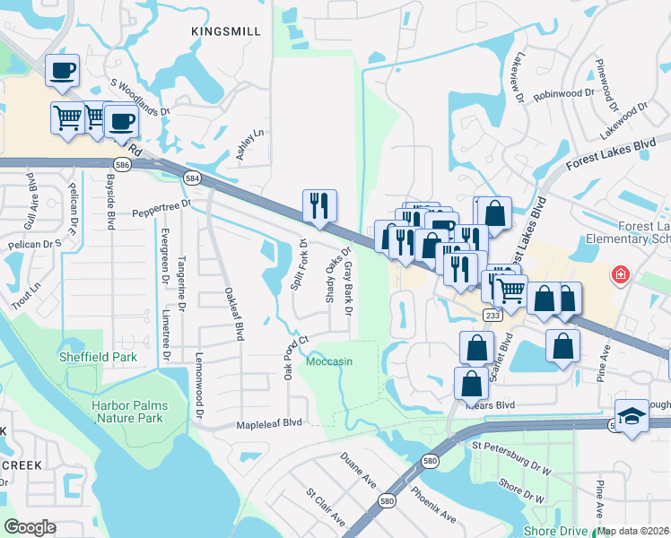 map of restaurants, bars, coffee shops, grocery stores, and more near 1614 Shady Oaks Drive in Oldsmar