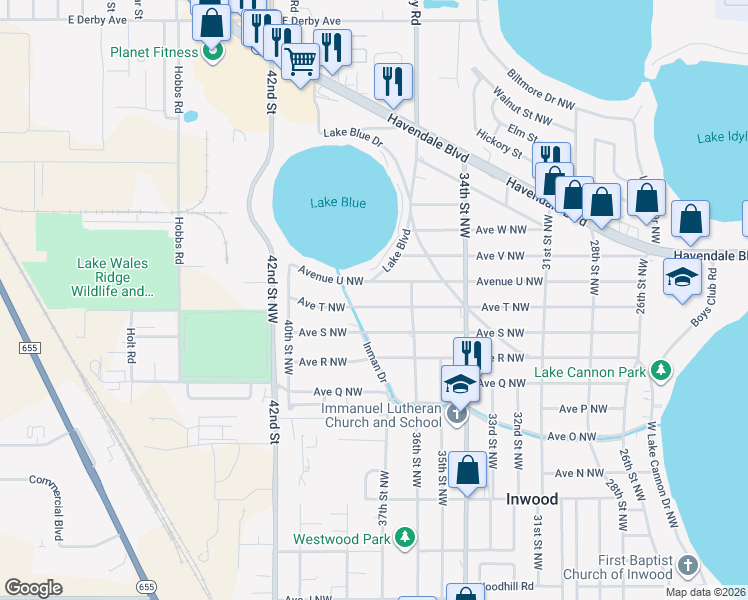 map of restaurants, bars, coffee shops, grocery stores, and more near 3780 Avenue T Northwest in Winter Haven