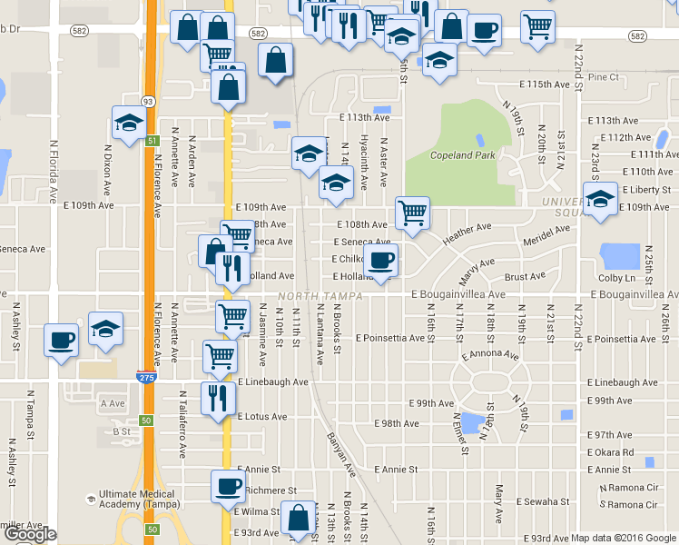map of restaurants, bars, coffee shops, grocery stores, and more near 1207 East Holland Avenue in Tampa