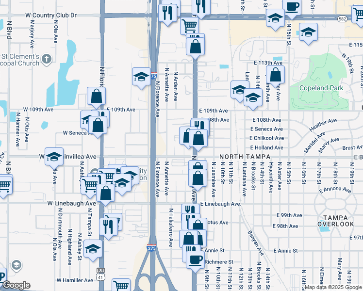 map of restaurants, bars, coffee shops, grocery stores, and more near 10404 North Nebraska Avenue in Tampa