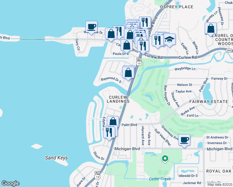 map of restaurants, bars, coffee shops, grocery stores, and more near 2376 Hanover Drive in Dunedin