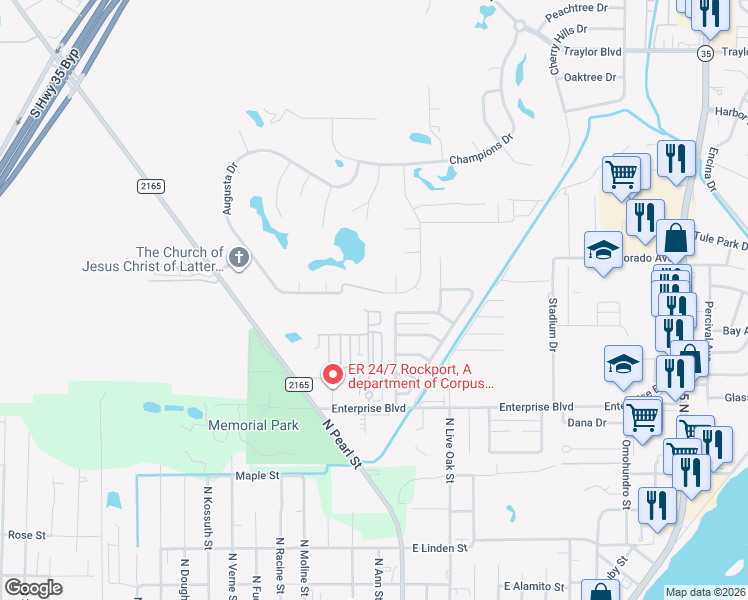 map of restaurants, bars, coffee shops, grocery stores, and more near 600R Enterprise Boulevard in Rockport