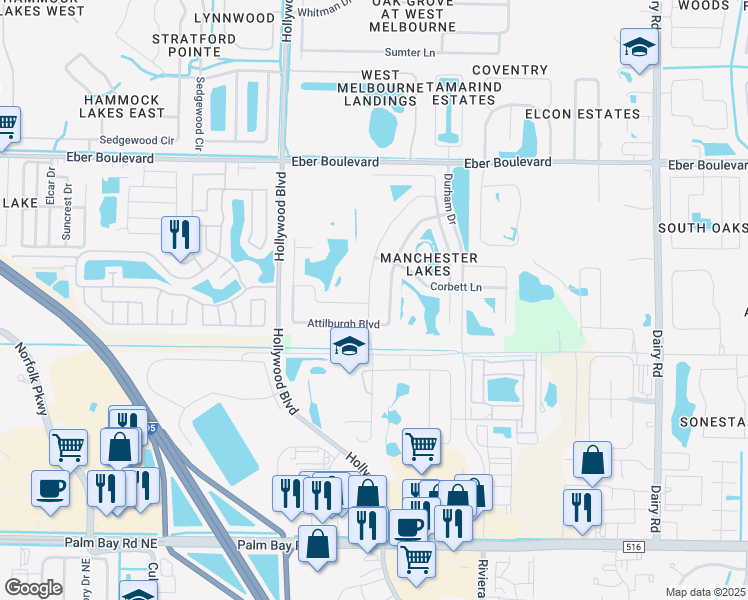 map of restaurants, bars, coffee shops, grocery stores, and more near 1795 Litchfield Drive in West Melbourne