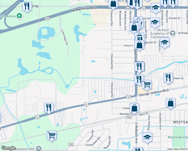 map of restaurants, bars, coffee shops, grocery stores, and more near 411 Alice Drive in Lakeland