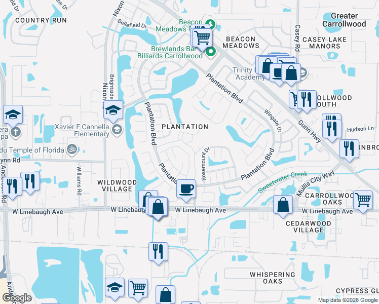 map of restaurants, bars, coffee shops, grocery stores, and more near 5003 Parkhill Place in Tampa