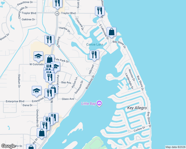 map of restaurants, bars, coffee shops, grocery stores, and more near 2302 Picton Lane in Rockport