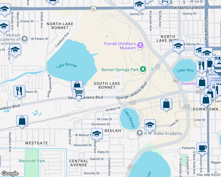 map of restaurants, bars, coffee shops, grocery stores, and more near 1049 George Jenkins Boulevard in Lakeland