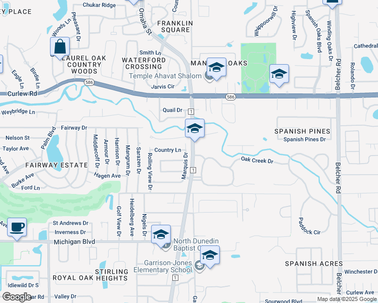 map of restaurants, bars, coffee shops, grocery stores, and more near 2535 Marquis Drive in Dunedin