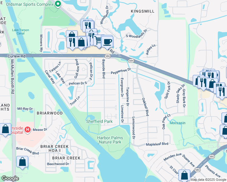 map of restaurants, bars, coffee shops, grocery stores, and more near 1915 Montego Court in Oldsmar
