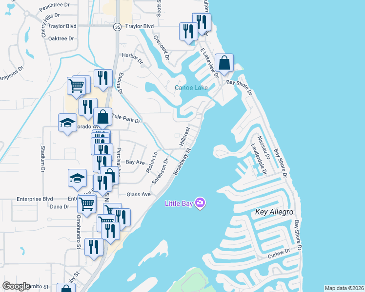 map of restaurants, bars, coffee shops, grocery stores, and more near 2302 Picton Lane in Rockport