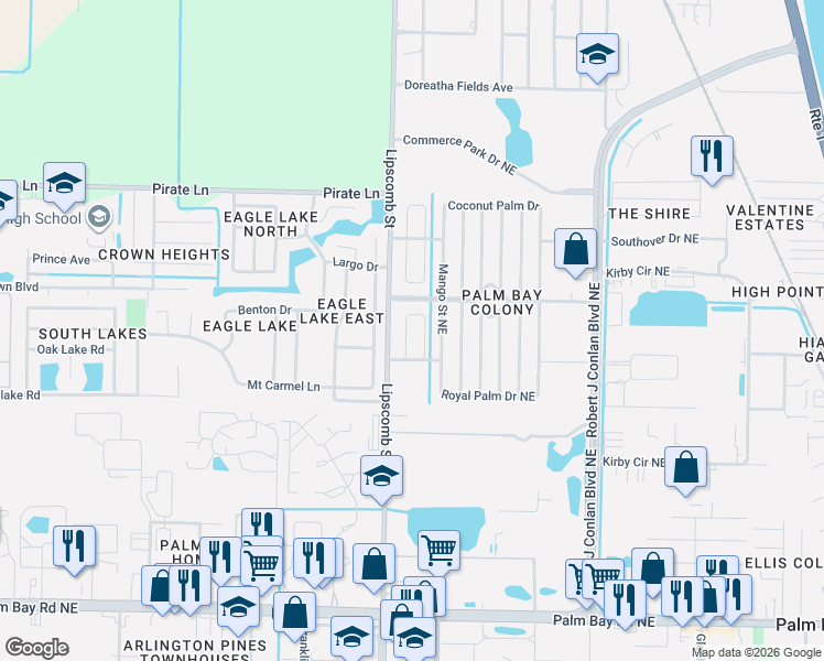 map of restaurants, bars, coffee shops, grocery stores, and more near 1804 Mango Street Northeast in Palm Bay