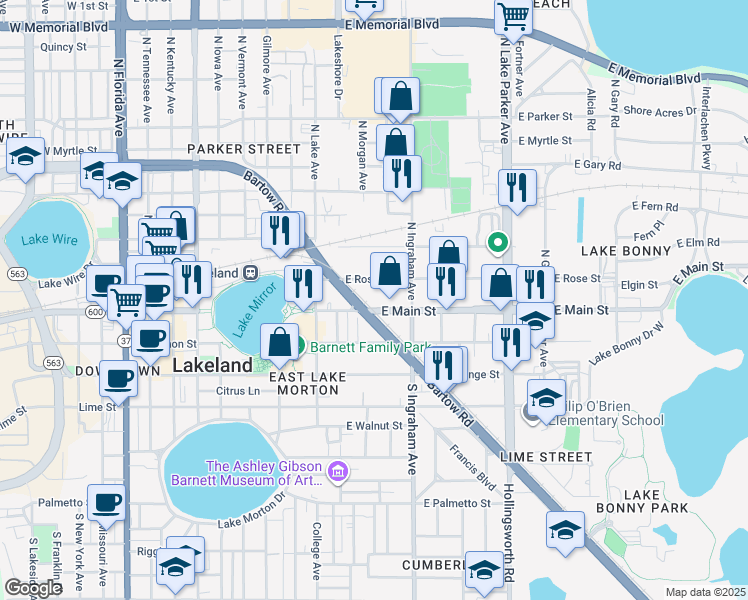 map of restaurants, bars, coffee shops, grocery stores, and more near 912 East Main Street in Lakeland