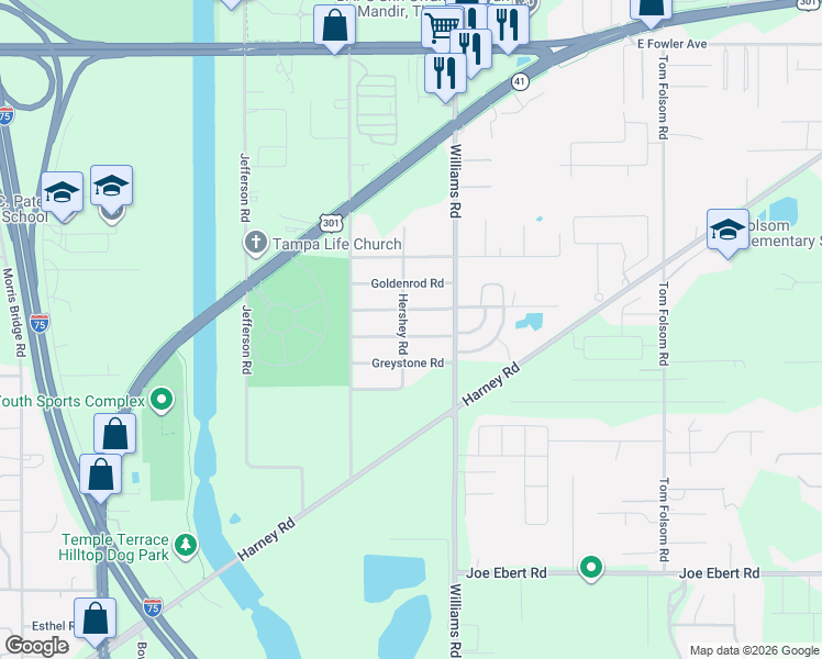map of restaurants, bars, coffee shops, grocery stores, and more near 9411 Grandfield Road in Thonotosassa