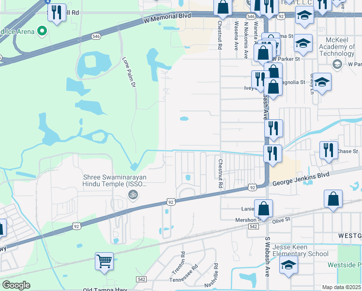 map of restaurants, bars, coffee shops, grocery stores, and more near 2580 Chestnut Woods Drive in Lakeland