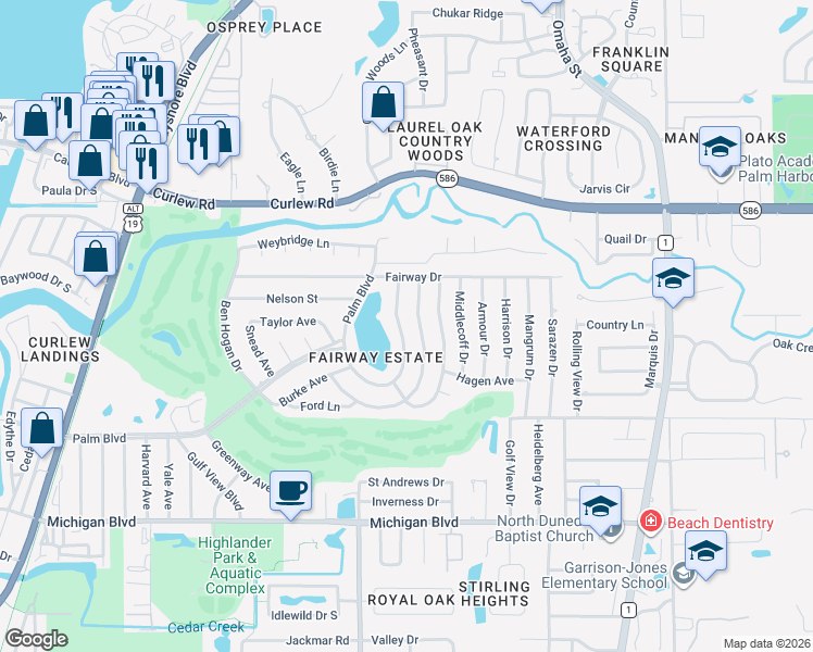 map of restaurants, bars, coffee shops, grocery stores, and more near 2353 Demaret Drive in Dunedin