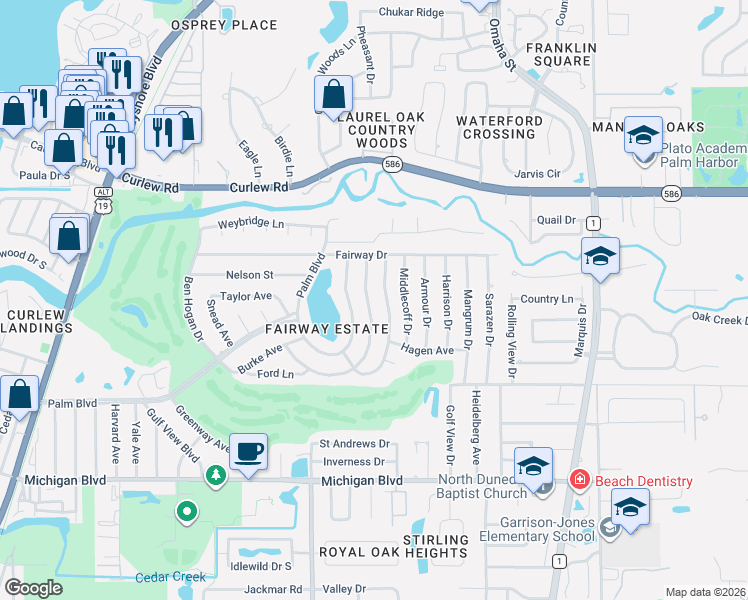 map of restaurants, bars, coffee shops, grocery stores, and more near 2347 Watrous Drive in Dunedin