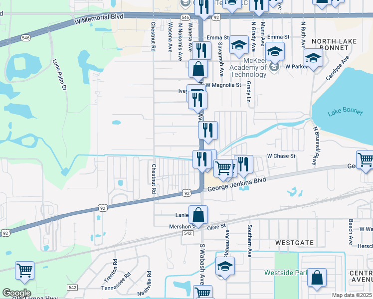 map of restaurants, bars, coffee shops, grocery stores, and more near 16 Nixon Street in Lakeland