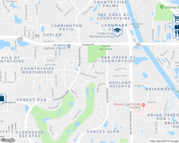 map of restaurants, bars, coffee shops, grocery stores, and more near 2934 Meadow Wood Drive in Clearwater