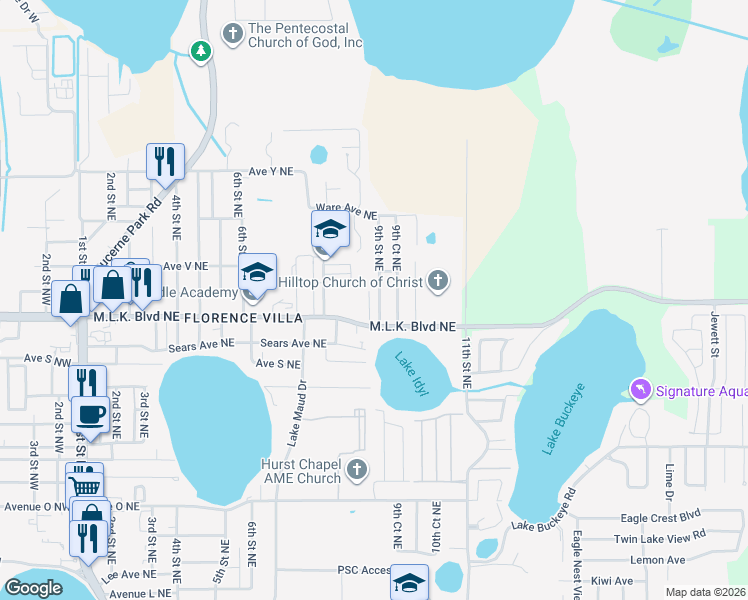 map of restaurants, bars, coffee shops, grocery stores, and more near 2006 9th Street Northeast in Winter Haven