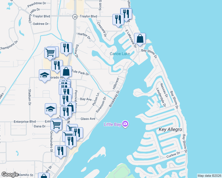 map of restaurants, bars, coffee shops, grocery stores, and more near 1724 Sorenson Drive in Rockport